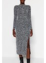 Trendyol Anthracite Crew Neck Fluffy Midi Slit and Gathered Detail Fitted Knitted Dress