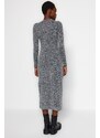 Trendyol Anthracite Crew Neck Fluffy Midi Slit and Gathered Detail Fitted Knitted Dress