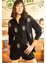 Olalook Women's Black Eye-Sequined Detailed Woven Boyfriend Shirt