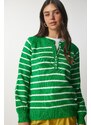 Happiness İstanbul Women's Vibrant Green Buttoned Collar Striped Knitwear Sweater