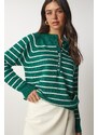 Happiness İstanbul Women's Dark Green Ecru Buttoned Collar Knitwear Sweater