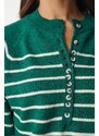 Happiness İstanbul Women's Dark Green Ecru Buttoned Collar Knitwear Sweater