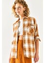 Olalook Dámská béžová košile s jednou kapsou tlustá kostkovaná dřevorubecká košile