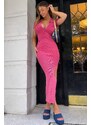 Madmext Pink Women's Knitwear Dress with a Polo Neck and Slit