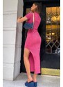 Madmext Pink Women's Knitwear Dress with a Polo Neck and Slit