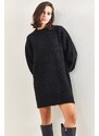 Bianco Lucci Women's Sleeves Patterned Ribbed Knitwear Tunic Sweater Dress