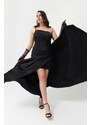 Lafaba Dámské černé saténové večerní šaty na jedno rameno plus velikosti a promoční šaty
