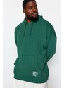 Trendyol Green Plus Size Basic Comfortable Hooded Labeled Fleece Cotton Sweatshirt