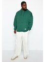 Trendyol Green Plus Size Basic Comfortable Hooded Labeled Fleece Cotton Sweatshirt