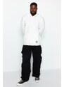 Trendyol Ecru Plus Size Basic Comfortable Hooded Labeled Fleece Cotton Sweatshirt