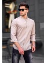 Madmext Men's Beige Linen Straight Long Sleeve Shirt 5548