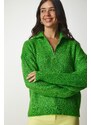 Happiness İstanbul Štěstí İstanbul Dámský zelený zip límec pletený svetr