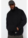 Trendyol Black Plus Size Basic Comfortable Hooded Labeled Fleece Cotton Sweatshirt