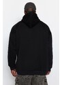 Trendyol Black Plus Size Basic Comfortable Hooded Labeled Fleece Cotton Sweatshirt