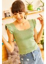 Olalook Women's Almond Green Summer Knitwear Blouse with Frilled Sleeves