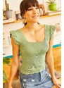 Olalook Women's Almond Green Summer Knitwear Blouse with Frilled Sleeves