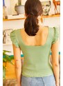 Olalook Women's Almond Green Summer Knitwear Blouse with Frilled Sleeves