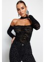 Trendyol Black Animal Pattern Knitted Flock Printed Tulle Bodysuit