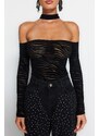 Trendyol Black Animal Pattern Knitted Flock Printed Tulle Bodysuit