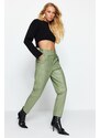 Trendyol Khaki Carrot Woven Front Buttoned Faux Leather Trousers