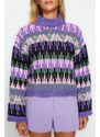 Trendyol fialový měkký texturovaný tlustý pletený svetr s vysokým výstřihem
