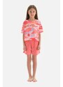 Dagi Pink Size Printed Slogan Detail Short Sleeve T-Shirt, Shorts Pajamas Set.