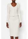 Trendyol Stone Button Detailed V Neck Crop and Midi 2-Piece Cardigan Skirt Knitted Suit