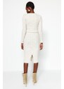 Trendyol Stone Button Detailed V Neck Crop and Midi 2-Piece Cardigan Skirt Knitted Suit