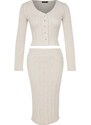 Trendyol Stone Button Detailed V Neck Crop and Midi 2-Piece Cardigan Skirt Knitted Suit