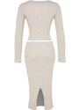 Trendyol Stone Button Detailed V Neck Crop and Midi 2-Piece Cardigan Skirt Knitted Suit