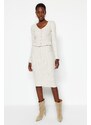 Trendyol Stone Button Detailed V Neck Crop and Midi 2-Piece Cardigan Skirt Knitted Suit