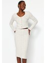 Trendyol Stone Button Detailed V Neck Crop and Midi 2-Piece Cardigan Skirt Knitted Suit