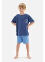 Dagi Blue Slogan Detailed Crew Neck Short Sleeved T-shirt, Shorts Pajamas Set.