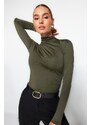 Trendyol Khaki Gathered Detailed High Neck Snap Snap Elastic Knitted Body