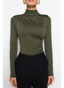 Trendyol Khaki Gathered Detailed High Neck Snap Snap Elastic Knitted Body