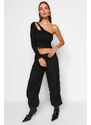 Trendyol Black Fitted Crop With Accessory Detail Piping, Flexible Knitted Blouse with Crop