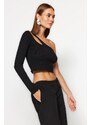 Trendyol Black Fitted Crop With Accessory Detail Piping, Flexible Knitted Blouse with Crop