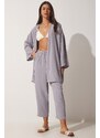 Happiness İstanbul Women's Gray Kimono Pants Suit