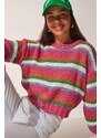 Happiness İstanbul Dámský růžový pruhovaný pletený svetr