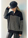 Madmext Women's Black Zipper Striped Sweater