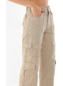 BİKELİFE Dámské béžové kalhoty s vysokým pasem s více kapsami Straight Fit Cargo Pants