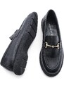 Marjin Women's Buckle Genuine Leather Loafers Casual Shoes Runet Black