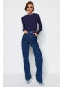 Trendyol Navy Blue Buttoned Ribbed High Neck Fitted/Situated Cotton Stretch Knit Blouse