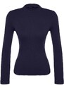 Trendyol Navy Blue Buttoned Ribbed High Neck Fitted/Situated Cotton Stretch Knit Blouse