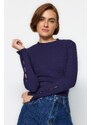 Trendyol Navy Blue Buttoned Ribbed High Neck Fitted/Situated Cotton Stretch Knit Blouse