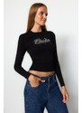 Trendyol Black Shiny Stone Print Cotton Fitted/Sleeping Crop Knitted Blouse