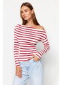 Trendyol Red Striped Premium Soft Fabric Fitted Boat Neck Knitted Blouse