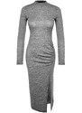 Trendyol Anthracite Crew Neck Fluffy Midi Slit and Gathered Detail Fitted Knitted Dress