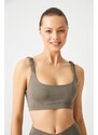 LOS OJOS Khaki Lightweight Support Gathered Straps Detailed Covered Sports Bra