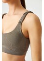 LOS OJOS Khaki Lightweight Support Gathered Straps Detailed Covered Sports Bra